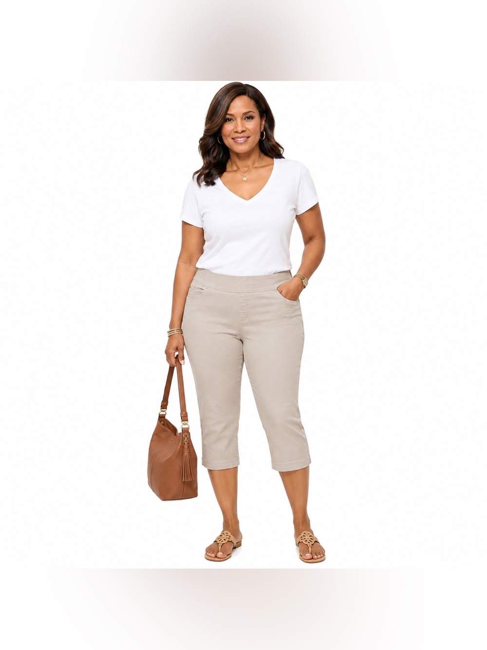 Time and Tru Pull-On Beige Stretch Capri Pants Size Large